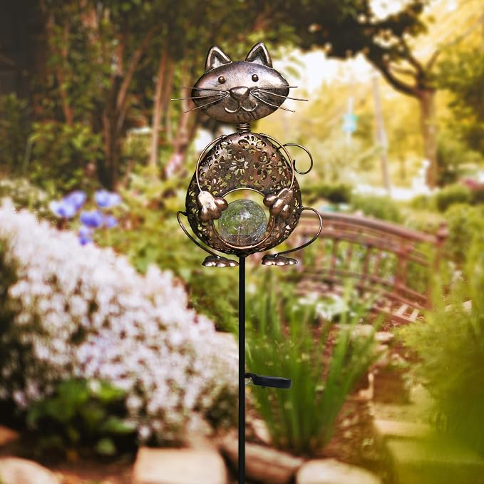 KAIXOXIN Garden Solar Lights Metal Cat Crackle Glass Globe Stake Light - Image 2