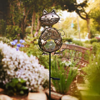 KAIXOXIN Garden Solar Lights Metal Cat Crackle Glass Globe Stake Light - Image 2
