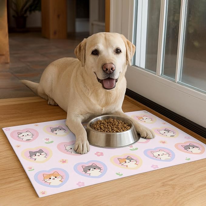 Cat Feedings Mats 20x12 inch Pink Heart Kitten Print Pet Bowl Placemat Non Slip - Image 4