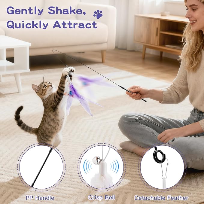 Pawaboo Feather Teaser Cat Toy, Interactive Feather Wand Cats Toy Flying - Image 3