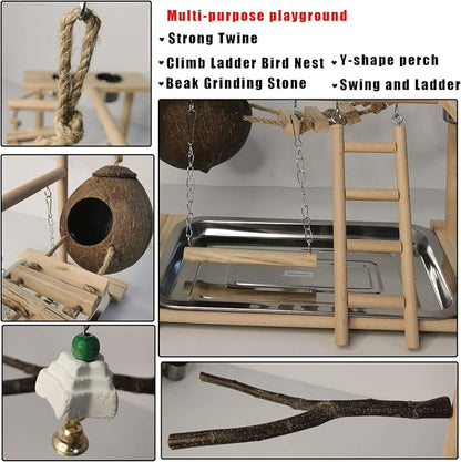 Parakeet Playground Bird Play Stand Natural Wood Perch Gym Parrots Nest Climb - Image 3