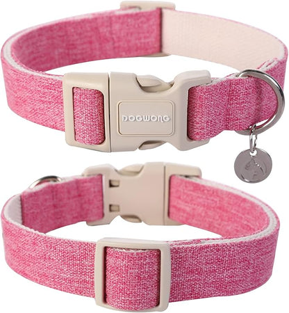 DOGWONG Cotton Hemp Dog Collar, Heavy-Duty Pink Dog Collar Adjustable Soft - Image 3