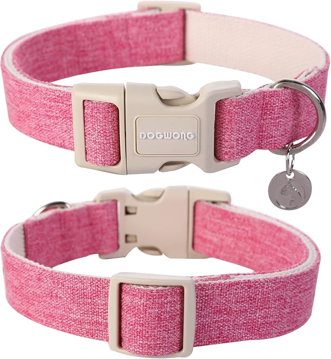 DOGWONG Cotton Hemp Dog Collar, Heavy-Duty Pink Dog Collar Adjustable Soft - Image 3
