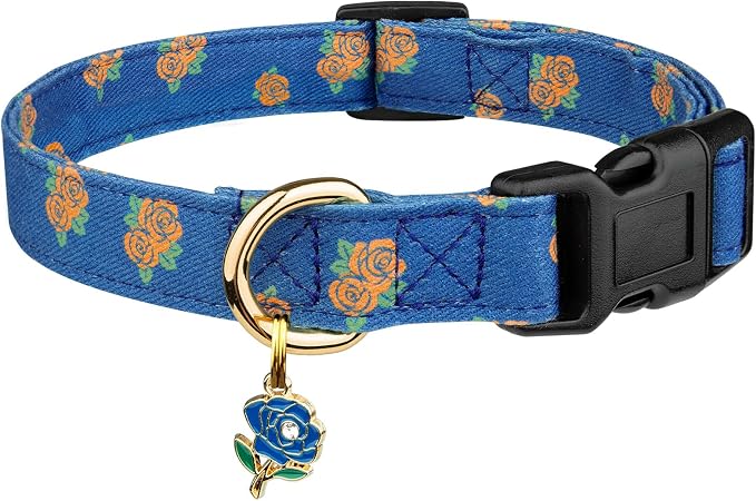 Cotton Handmade Dog Collar Cute and Distinctive Patterns Blue Rose by Fyeqyaou
