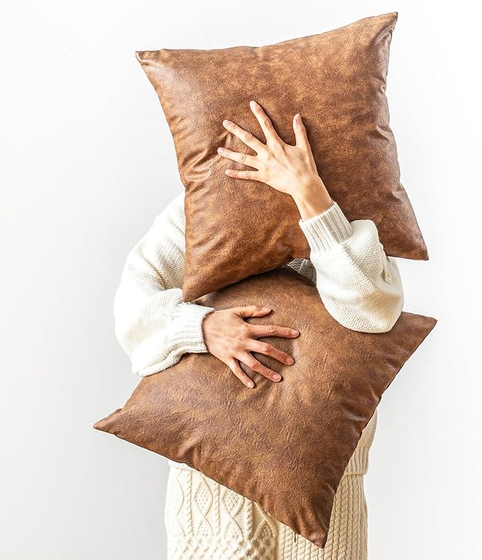 Pack of 2 Leather Throw Pillow Covers, Modern Boho Decorative Cognac Thickened by GEGELICA