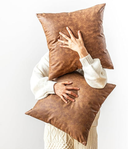Leather Throw Pillow Covers Pack of 2 Brown, Modern Boho Thickened Floor by GEGELICA