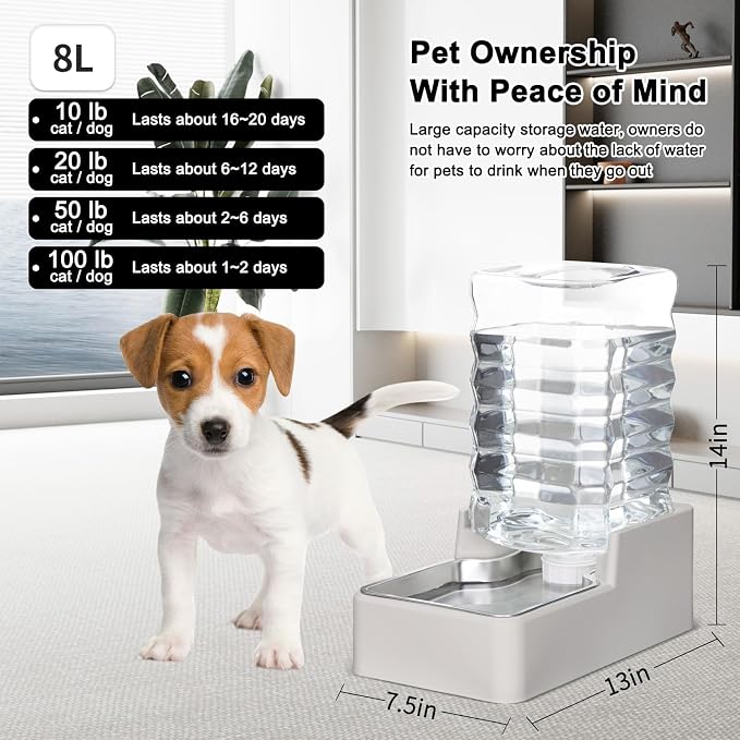 RIZZARI Stainless Steel Pet Water Feeder: 8L Large Gravity Waterer, Less Refills - Image 2