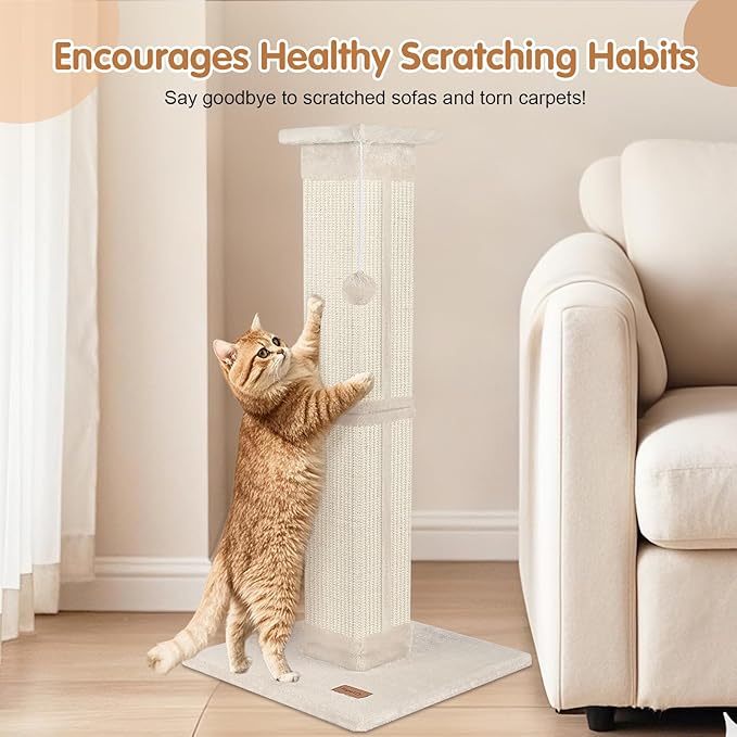 Cat Scratching Post 33 inch for Indoor Cats, High Cat Scratch Post Beige - Image 3