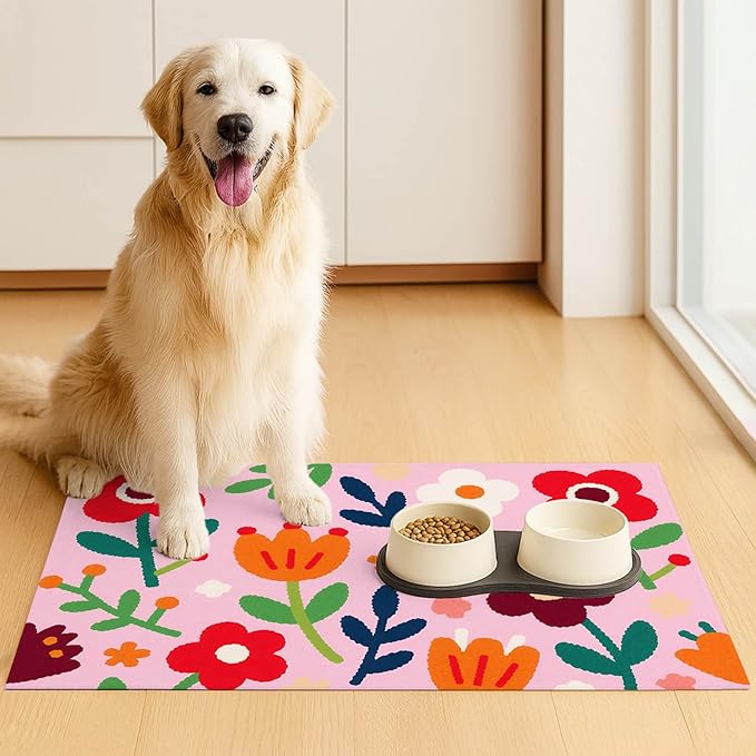 Pet Feedings Mats 20x12 inch Floral Print Pet Bowl Placemat Non Slip Mat - Image 3