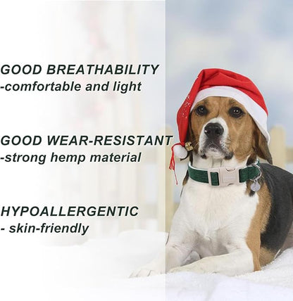 DOGWONG Cotton Hemp Dog Collar, Heavy-Duty Christmas Green Dog Collar - Image 4