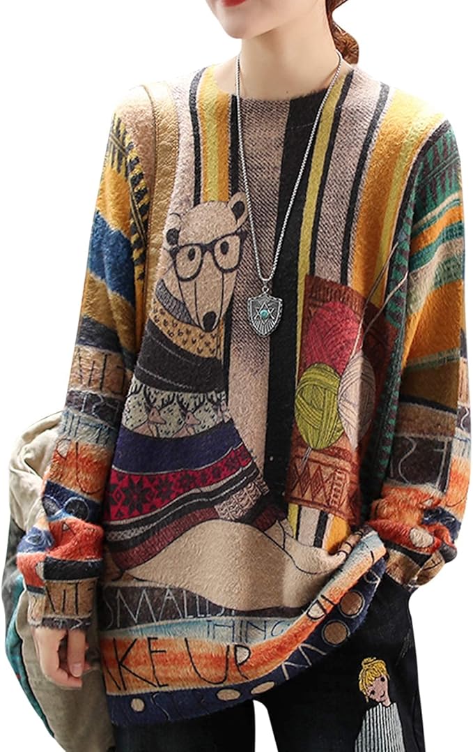 YESNO Women Christmas Sweater Graphic Printed Oversized Pullover Sweaters by YESNO