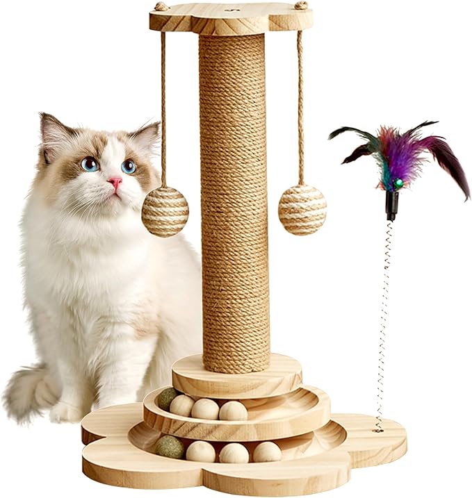 Cat Scratching Post, 4 in 1 Wooden Cat Scratcher Toy, 17.7" Tall Scratch Post by Khalor