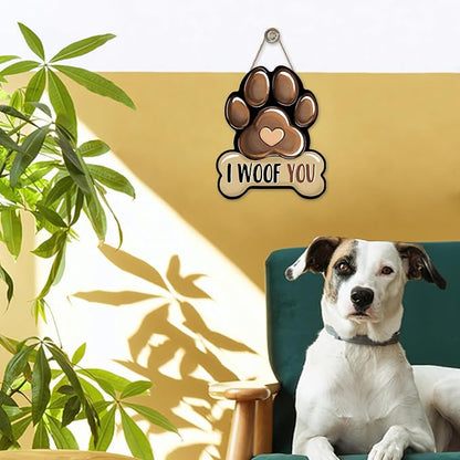 Dog Paw Prints Front Door Sign, I Woof You Bone Wood Hanger Outdoor Outside - Image 6