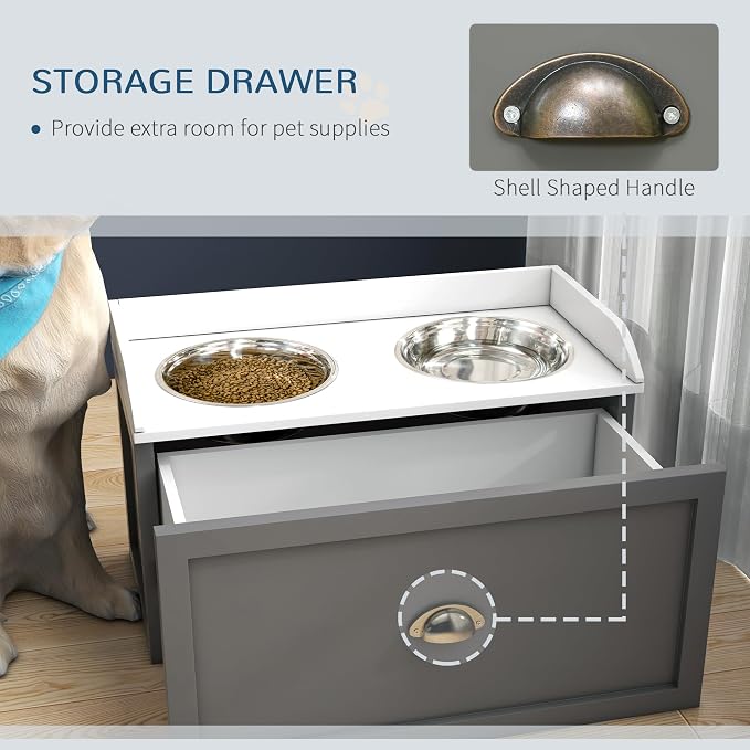 PawHut Feeding Station with Storage Drawer, Food Storage Cabinet with 2 - Image 4