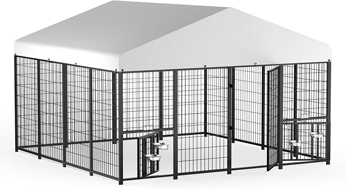 LOVMOR Outdoor Dog Kennel with Roof, Heavy Duty Steel Dog Run Enclosure by LOVMOR