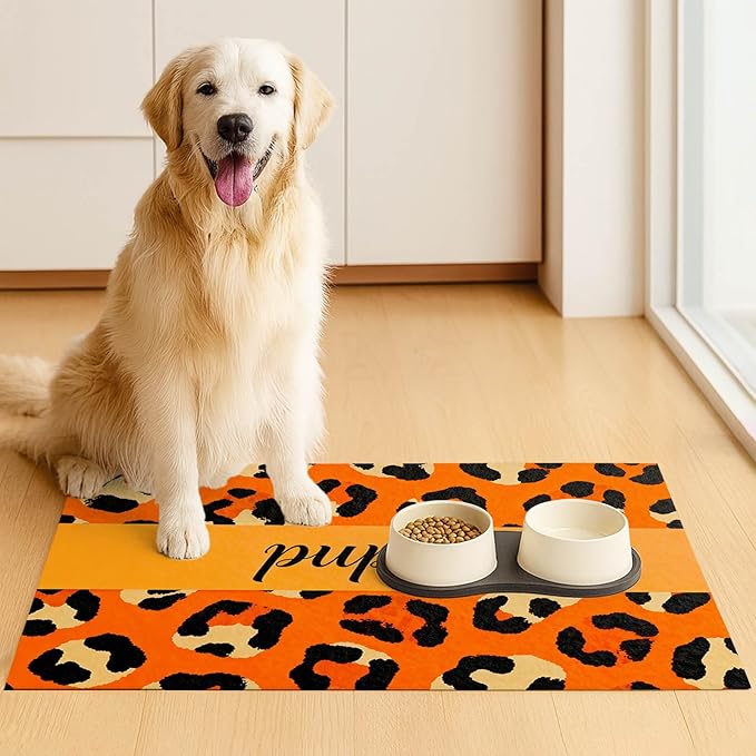 Puppy Feeding Mat 24x16 inch Orange Leopard Print Pet Bowl Placemat Non Slip - Image 3