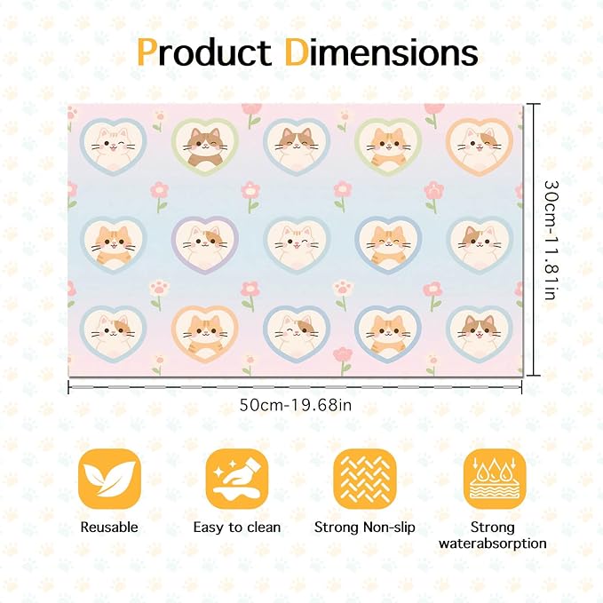 Cat Feedings Mats 20x12 inch Pastel Heart Kitten Print Pet Bowl Placemat Non - Image 6