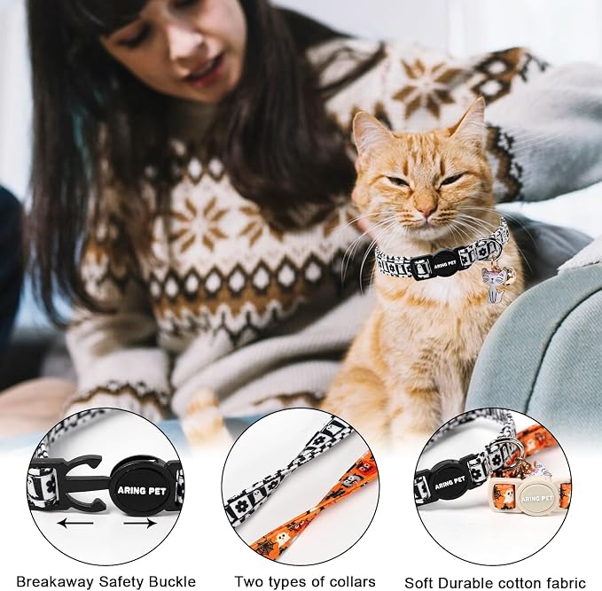 ARING PET 2 Pack Halloween Cat Collars, Breakaway Orange Black White Cotton - Image 5