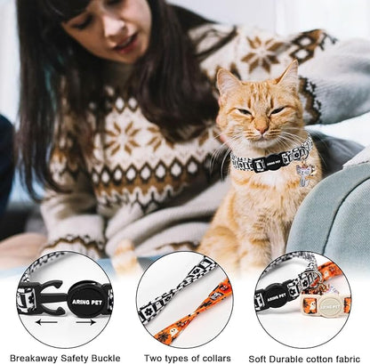 ARING PET 2 Pack Halloween Cat Collars, Breakaway Orange Black White Cotton - Image 5