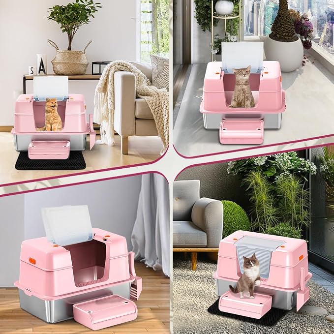 Vivifying Pink Stainless Steel Covered Cat Litter Box – Odor-Control, - Image 8