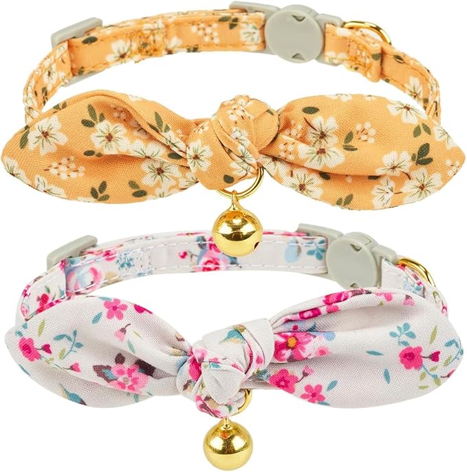 2 Pack Cotton Cat Collar, Removable Bowtie, Floral Pattern, Safety Breakaway by Petiry