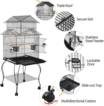 Yaheetech Budgie Cage 55-inch Rolling Standing Triple Roof Medium Parrot Cage - Image 4
