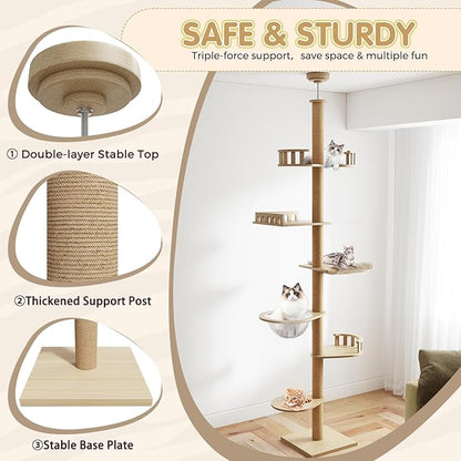 Erinnyees Cat Tree, Floor to Ceiling Cat Tree Height Adjustable Cat Tower 6 - Image 6
