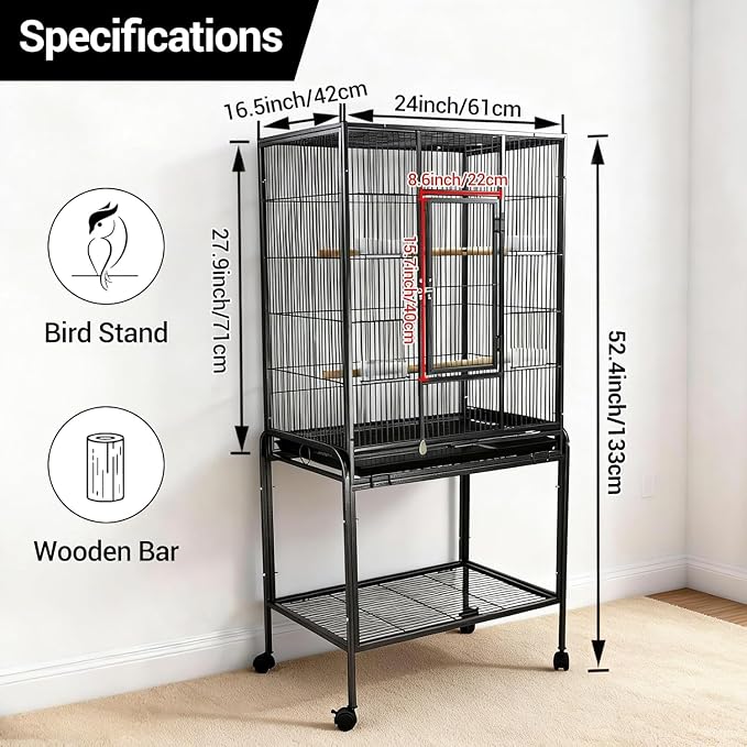 53 Inch Bird Cage with Wooden Perches, Standing Wrought Iron Birdcage with - Image 6