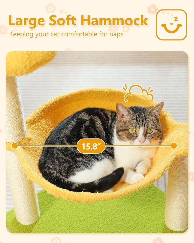 28" Flower Cat Tree Cute with Flower Top Perch, Large Hammock - Image 3