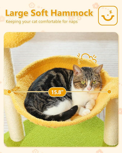 28" Flower Cat Tree Cute with Flower Top Perch, Large Hammock - Image 3