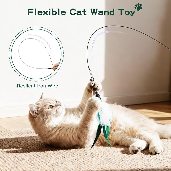 Pawaboo Feather Teaser Cat Toy, Interactive Feather Wand Cat Toy Flying Feather - Image 2