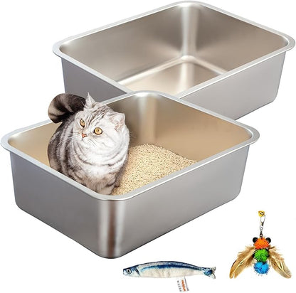 2-Pack Stainless Steel Cat Litter Boxes, Includes Catnip Fish Toy & Wand - Image 6