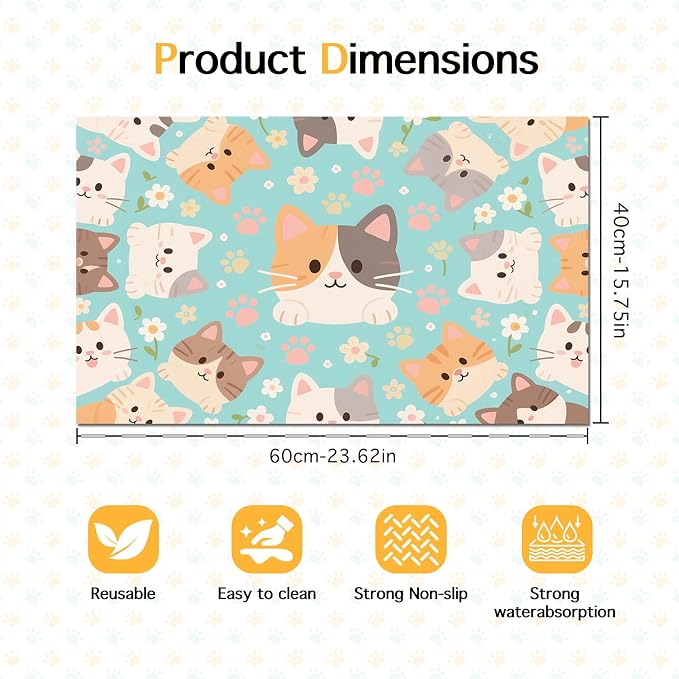 Cat Feeding Mat 24x16 inch Blue Kitten Print Pet Bowl Placemat Non Slip Floor - Image 6