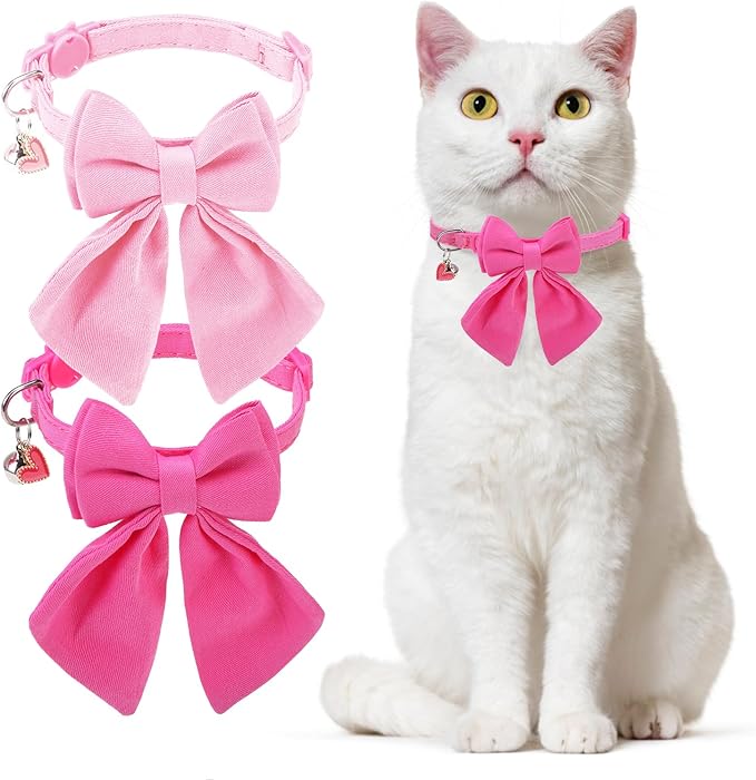 Cat Collar Breakaway with Bells, Soft Pure Cotton Pink Cat Bowtie Collar by DILLYBUD