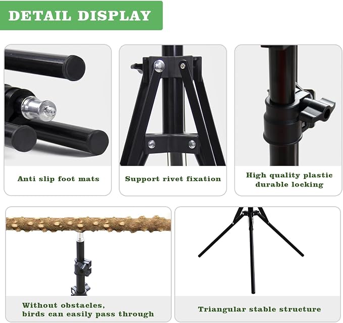 Wooden Bird Perch Stand with a Height Adjustable Tripod, Bird Training - Image 4