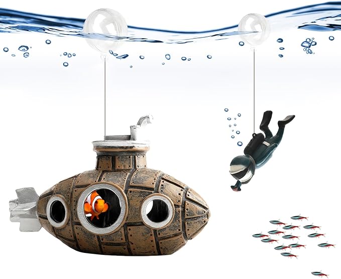 Floating Fish Tank Decoration, LittleCute Retro Submarine AquariumDecoration - Image 2