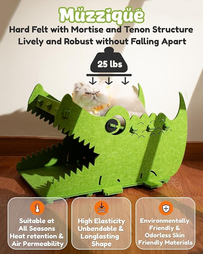 Cat Bed House, for 25 LBs Indoor Cats&Small Dogs, Large Cute Crocodile Felt Pet - Image 3
