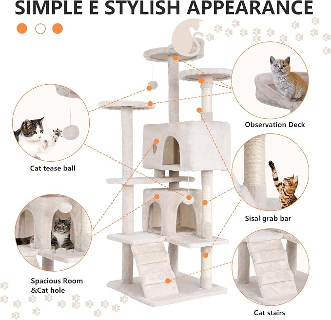 BestPet | 54" Cat Tree Tower | Beige | Sturdy, Hanging Cat Toys, Observation - Image 6