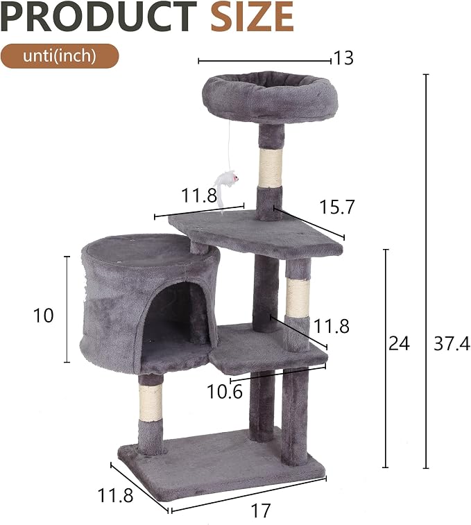 FDW | 36" Cat Tree Tower | Light Gray | Multi-Level Indoor Activity Center - Image 7