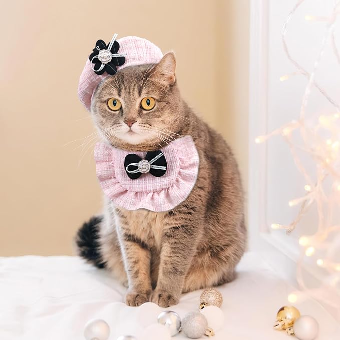 2PCS Cat Beret Hat with Camellia, Adjustable Bow Bandana Scarf Set Pet Princess - Image 6