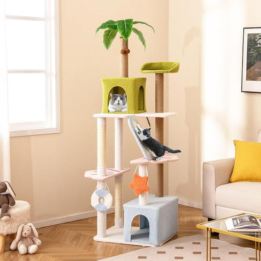 Tangkula 71 Inch Tall Cat Tree, 2 Cat Condos, Artificial Plant, Hanging Toys - Image 2