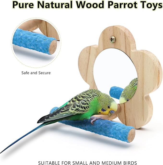 Small Bird Mirror Parrot Swing, Wooden Parakeet Perches Flower Interactive Play - Image 4