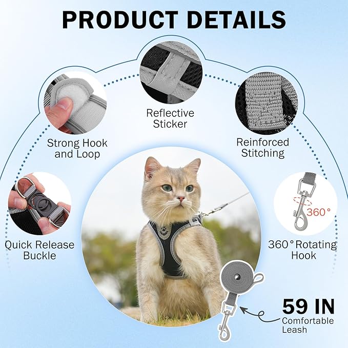 SCENEREAL Cat Harness and Leash Set Escape Proof, Adjustable Soft Air Mesh - Image 3