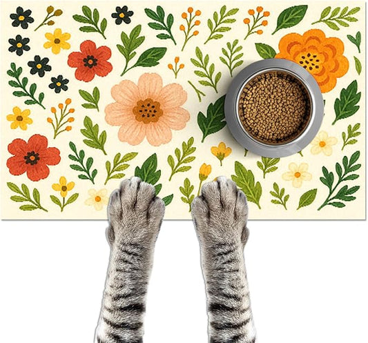 Trendy Flower Pattern Pet Feeding Mat Spill-Proof Feood Pad by HOMETITUTE