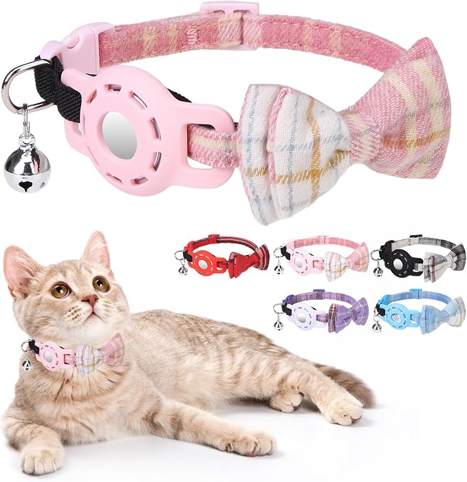 Airtag Cat Collar with Bells and Bowtie -Safety Elastic Band Kitten Collar by DILLYBUD