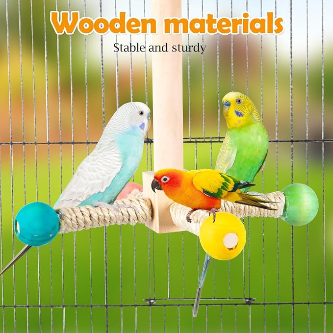 Rotating Bird Perches Toy, Interactive Spinning Parrot Parakeet Toys, Wooden - Image 4