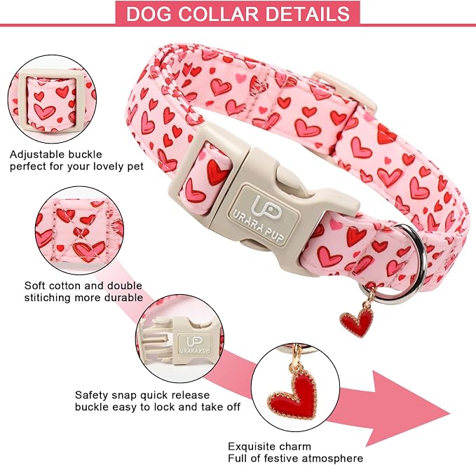Valentine's Dog Collar, UP URARA PUP Pink Heart in Red Adjustable Pet Collar - Image 3