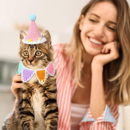 Sanwuta 2 Pcs Cat Birthday Party Supplies, Knit Cat Hat Kitten Birthday Bib - Image 6