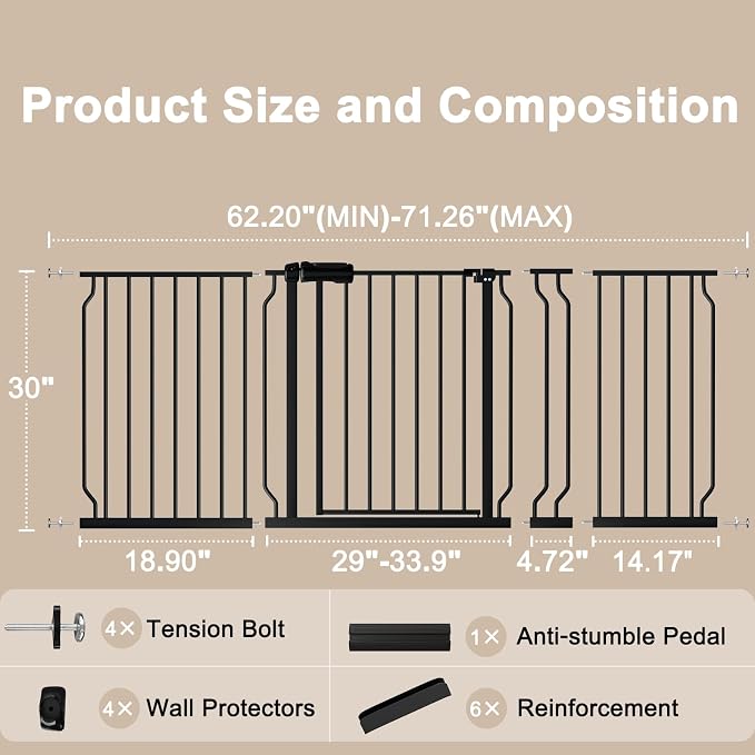 WAOWAO Baby Gate 62.20-71.26" Extra Wide Pressure Mounted Walk Through Swing - Image 6