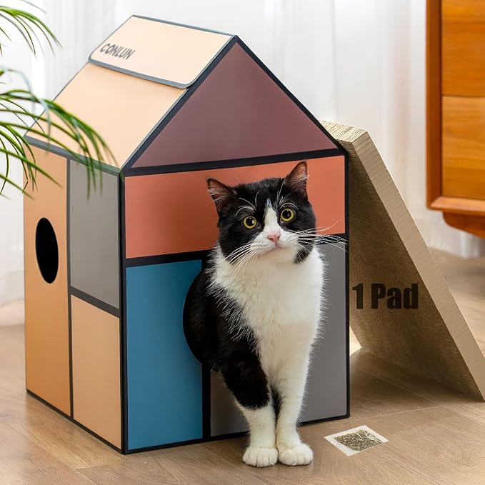 Cardboard Cat House with Scratch Pad & Catnip, Cat Play Scratching House by Conlun